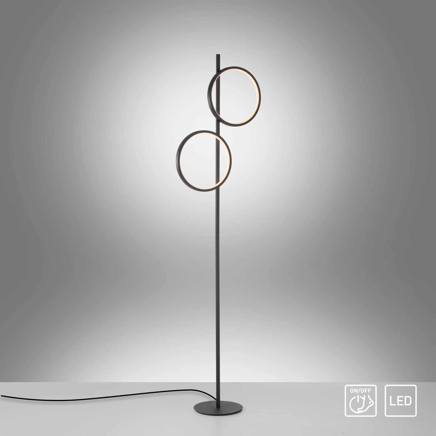 Moderne, schwarze LED Stehleuchte Mini Ritus mit zwei Leuchtringen für Wohnzimmer & Schlafzimmer.