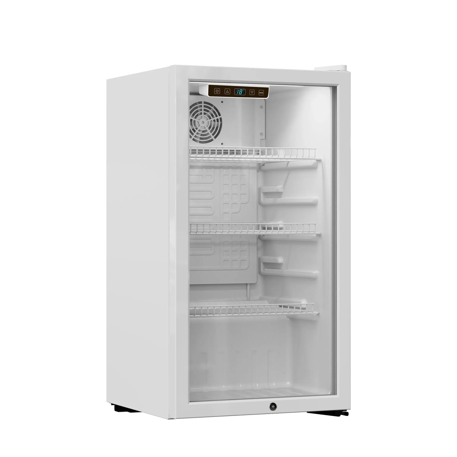 Weißer PKM Kühlschrank GKS83W mit Glastür und Touch-Display. Ideal für Getränke.