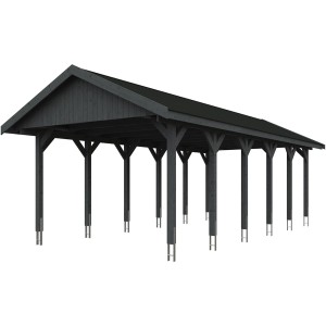 Satteldach-Carport Wallgau in Schiefergrau mit schwarzen Schindeln, Ansicht von vorn.