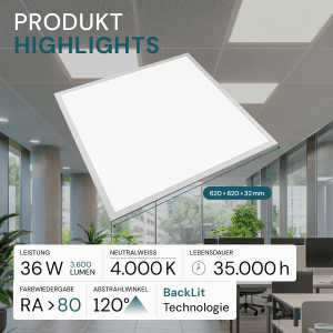 4er-Set LUXULA LED Panel 62x62cm für Rasterdecken, neutralweißes Licht im Büro.