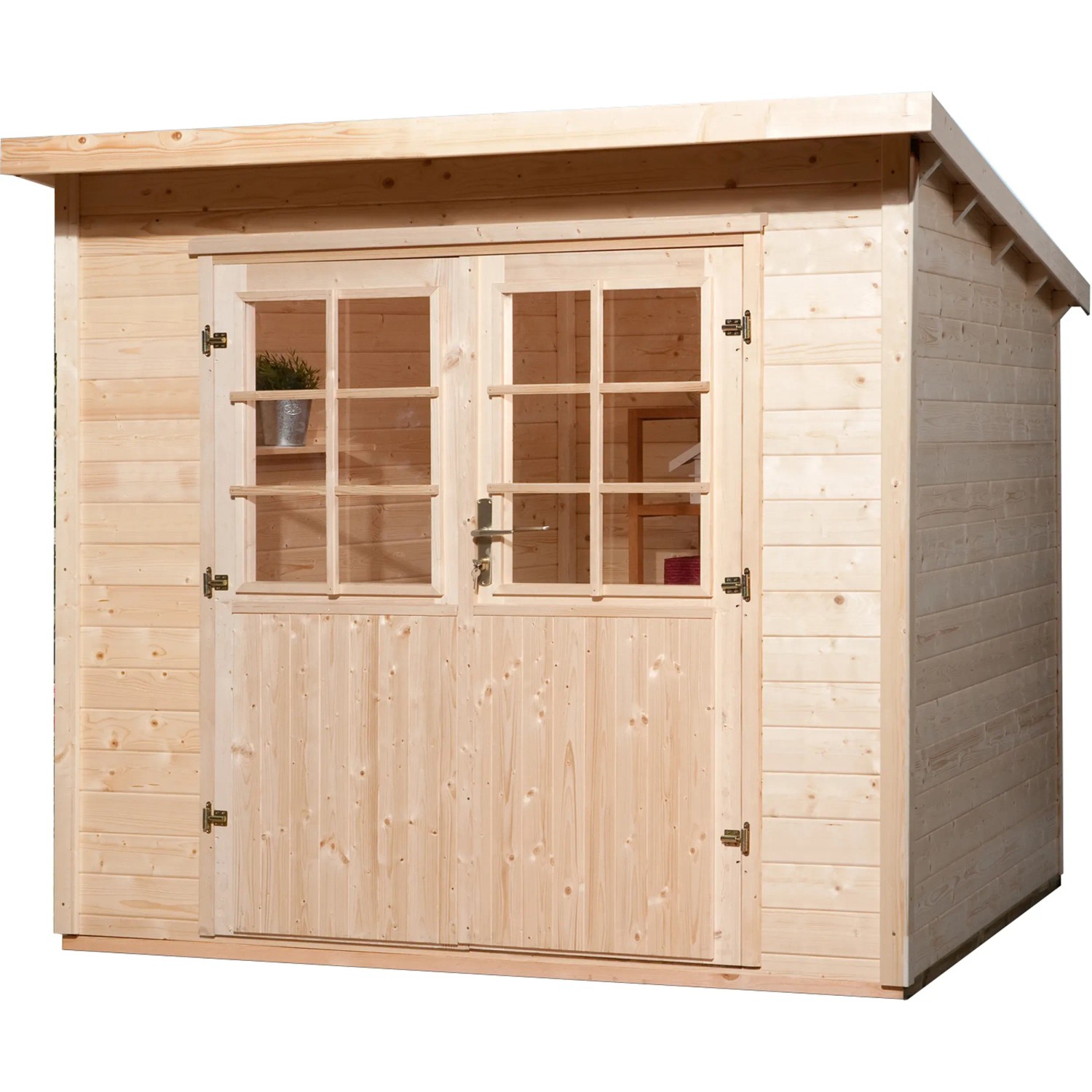 WEKA Holz-Gartenhaus Taro A Natur, 235x240 cm, mit Doppeltür und Pultdach. Gartenhaus aus Fichtenholz.