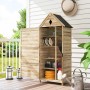 Outsunny Gartenschrank aus Tannenholz, naturbelassen, mit geöffneter Tür und diversen Gartengeräten.