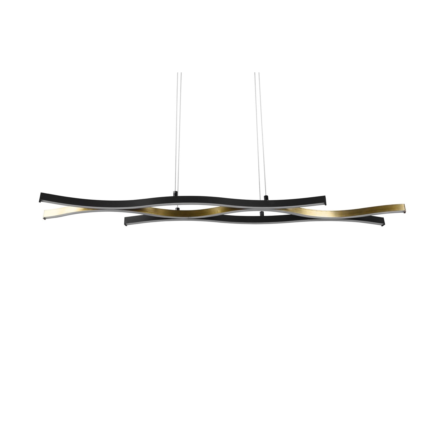 Moderne Trio LED-Pendelleuchte Blaze in Schwarz und Messing matt, 107,5 cm breit.