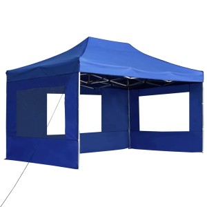 Blaues, faltbares Profi-Partyzelt 4,5x3 m mit Wänden und Aluminiumrahmen.