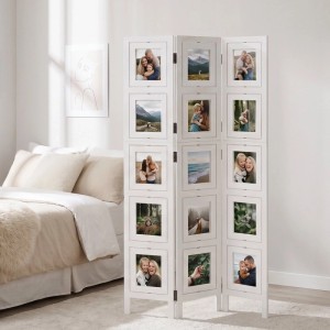 Weißer 3-teiliger Homestyle4u Paravent mit 12 Fotohaltern als Raumteiler im Schlafzimmer, 93x161 cm.