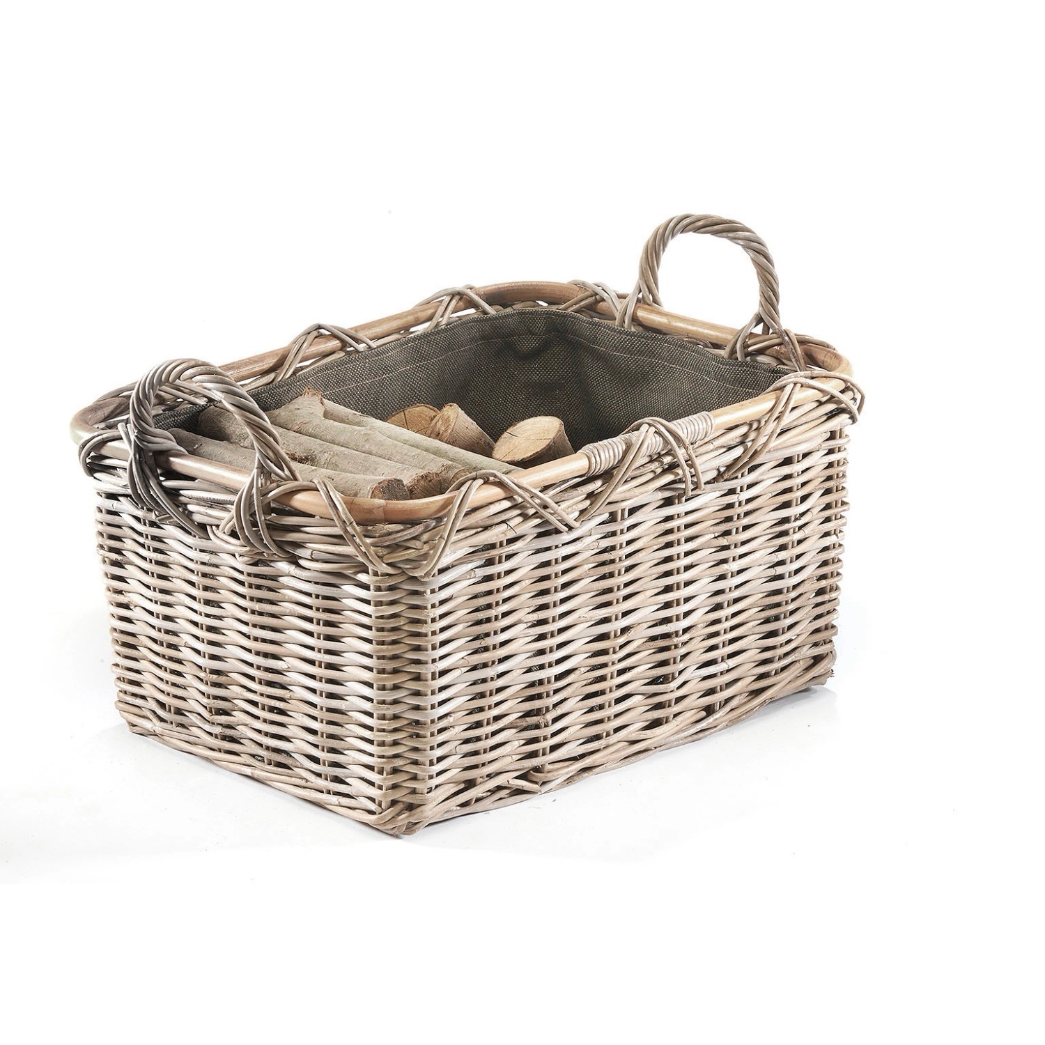 Rechteckiger, grauer Holzkorb aus Rattan mit Stoffeinsatz für Kaminholz.