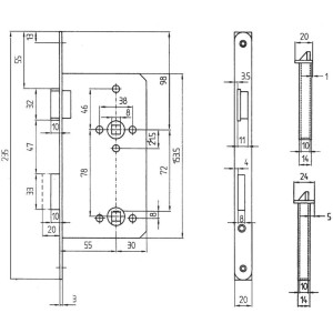 Technische Zeichnung WC-Schloss gefälzt DIN links Edelstahl mit Maßen.