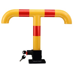Umlegbarer Basi Absperrpfosten KFZ 112, gelb/rot, abschließbar mit Schlüssel.