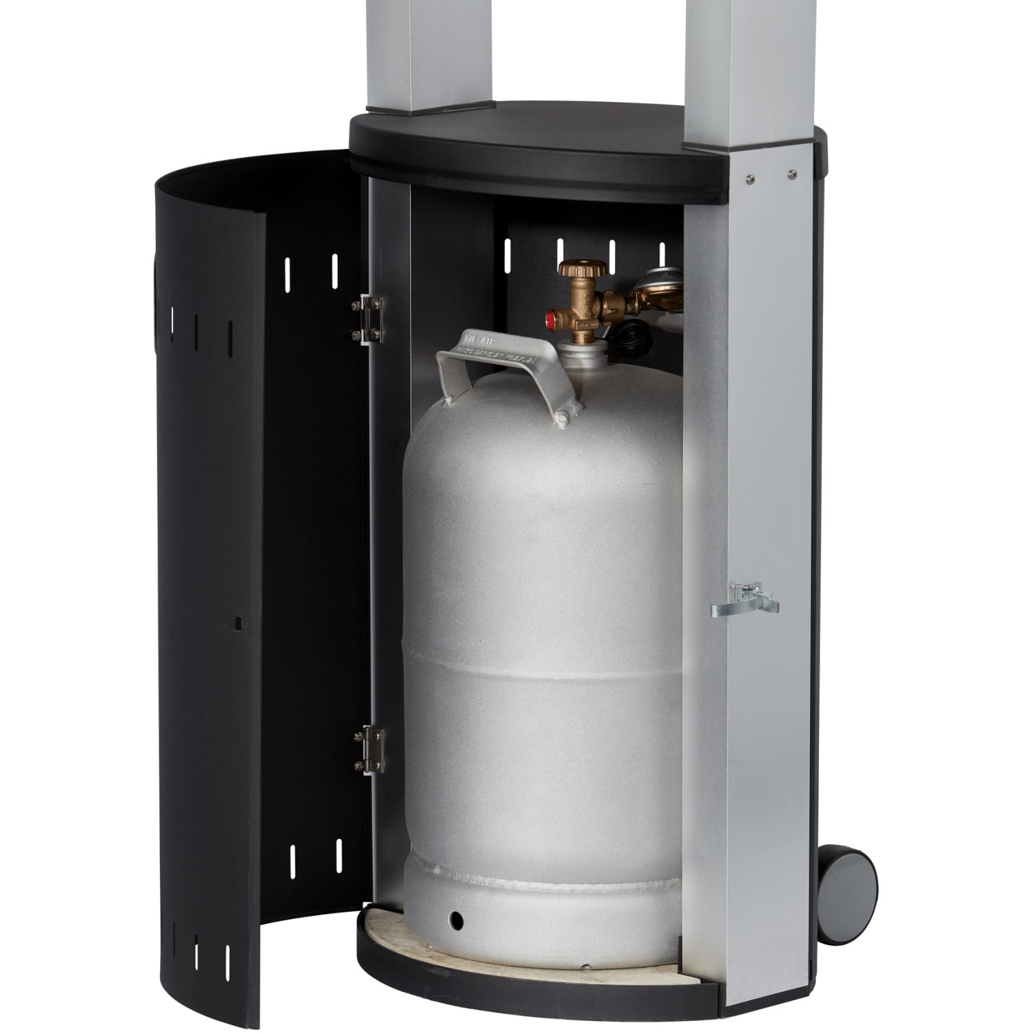 Enders® Gas-Terrassenheizer Ecoline Pure mit offener Gasflaschen-Abdeckung.