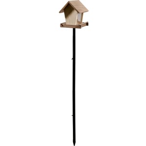 Dobar Futterhaus Benny Brunch aus hellem Holz mit Acrylglassilo auf schwarzem Ständer für Wildvögel.