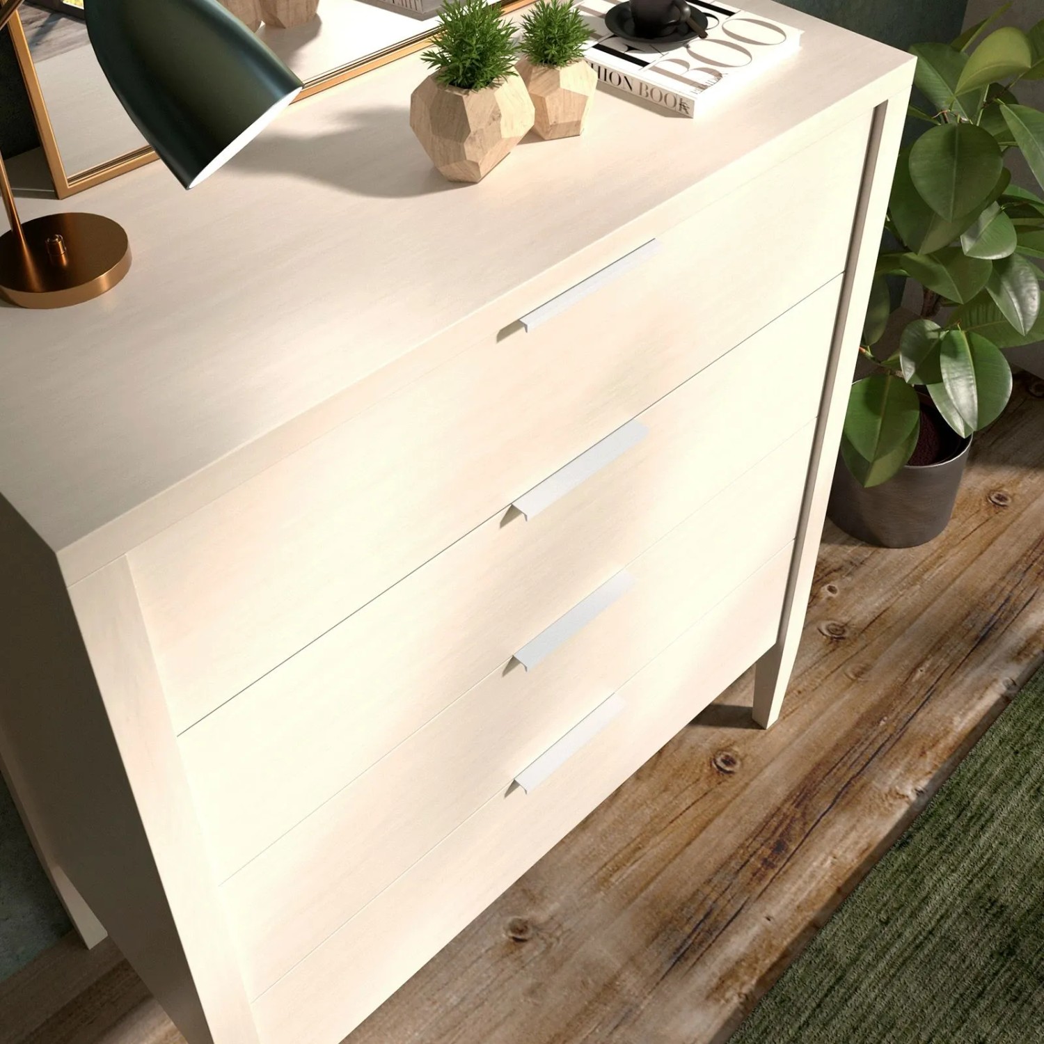 Weiße SOTECH BLANKETT Jane Aluminium Griffleisten an heller Holzkommode. Möbelgriffe für Schubladen.