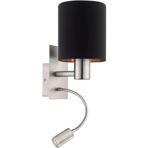 Moderne Wandleuchte Pasteri mit Leselicht, Nickel matt/Schwarz/Kupfer. Ideal als Wandlampe für Wohn- und Schlafzimmer.