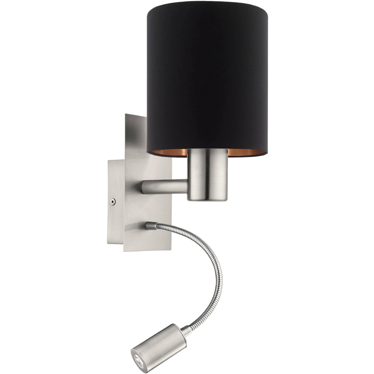 Moderne Wandleuchte Pasteri mit Leselicht, Nickel matt/Schwarz/Kupfer. Ideal als Wandlampe für Wohn- und Schlafzimmer.