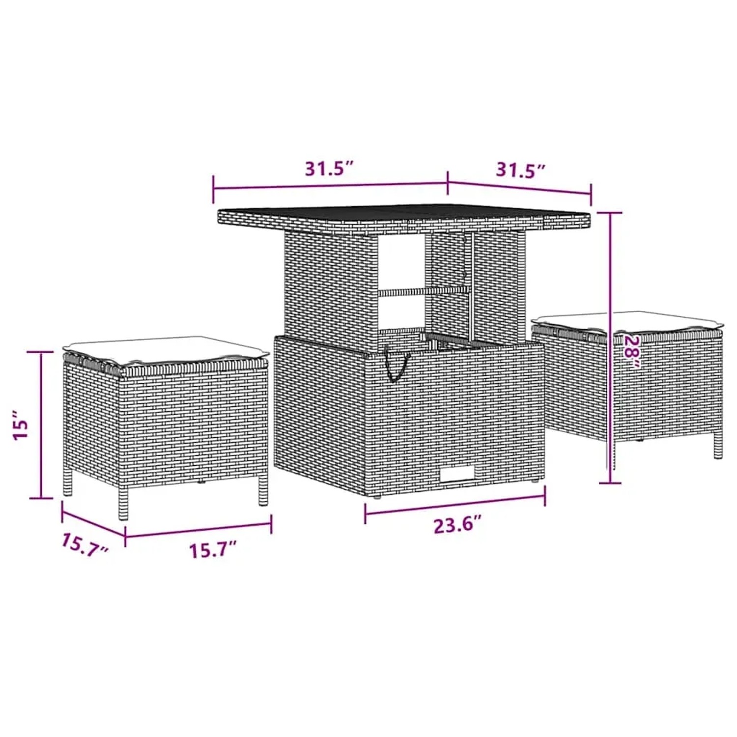 vidaXL Gartenmöbel Set, 11-teilig, schwarz, Poly Rattan, mit Tisch und Hockern, inklusive Stauraum.