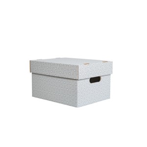 Weiße PROREGAL Aufbewahrungsbox aus Wellpappe mit Deckel, geometrischem Muster und Griffen für Büro & Ordnung.