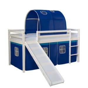 Homestyle4u Hochbett 90x200 Weiß mit Rutsche Vorhang Blau 1568