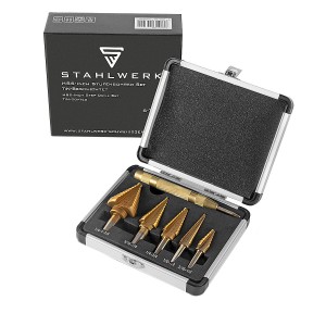 STAHLWERK HSS Stufenbohrer Set, 6-teilig, mit TiN-Beschichtung im Aluminiumkoffer.