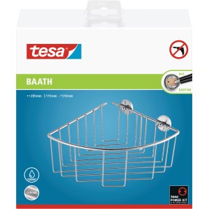 Tesa Ablagekorb Baath Plus, extratiefer Eckkorb verchromt für Bad und Dusche, zur Wandmontage ohne Bohren.