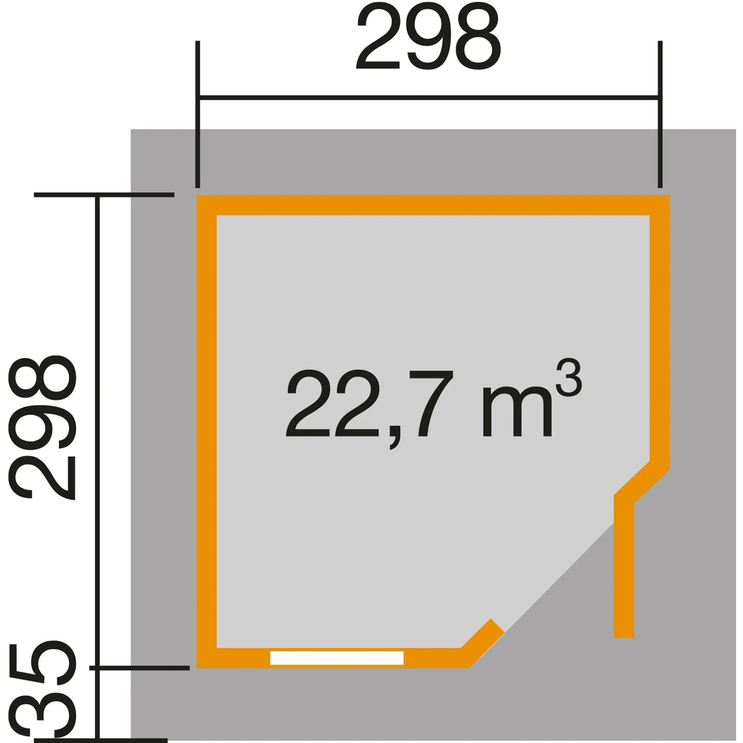 Grundriss Weka Holz-Gartenhaus Flachdach, 298x338 cm, lasiert. Abmessungen und Raumaufteilung des Gartenhauses.