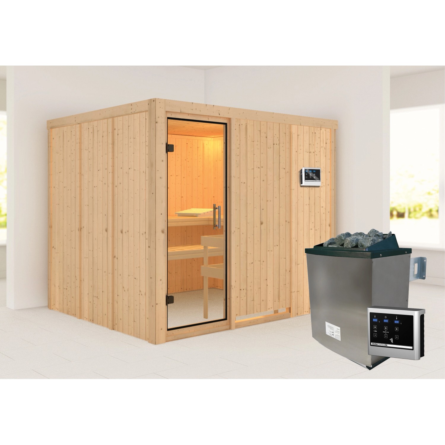 Karibu Sauna Gunda mit Ofen externe Stg.Easy Natur günstig online kaufen