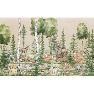 Komar Fototapete mit Waldtieren in Grün, ideal für Kinderzimmer. 4x2,50m.