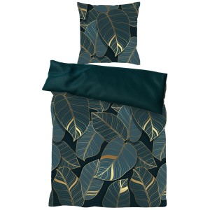 2-teilige SANILO Bettwäsche Monstera mit Blätter-Design in Grün und Gold.