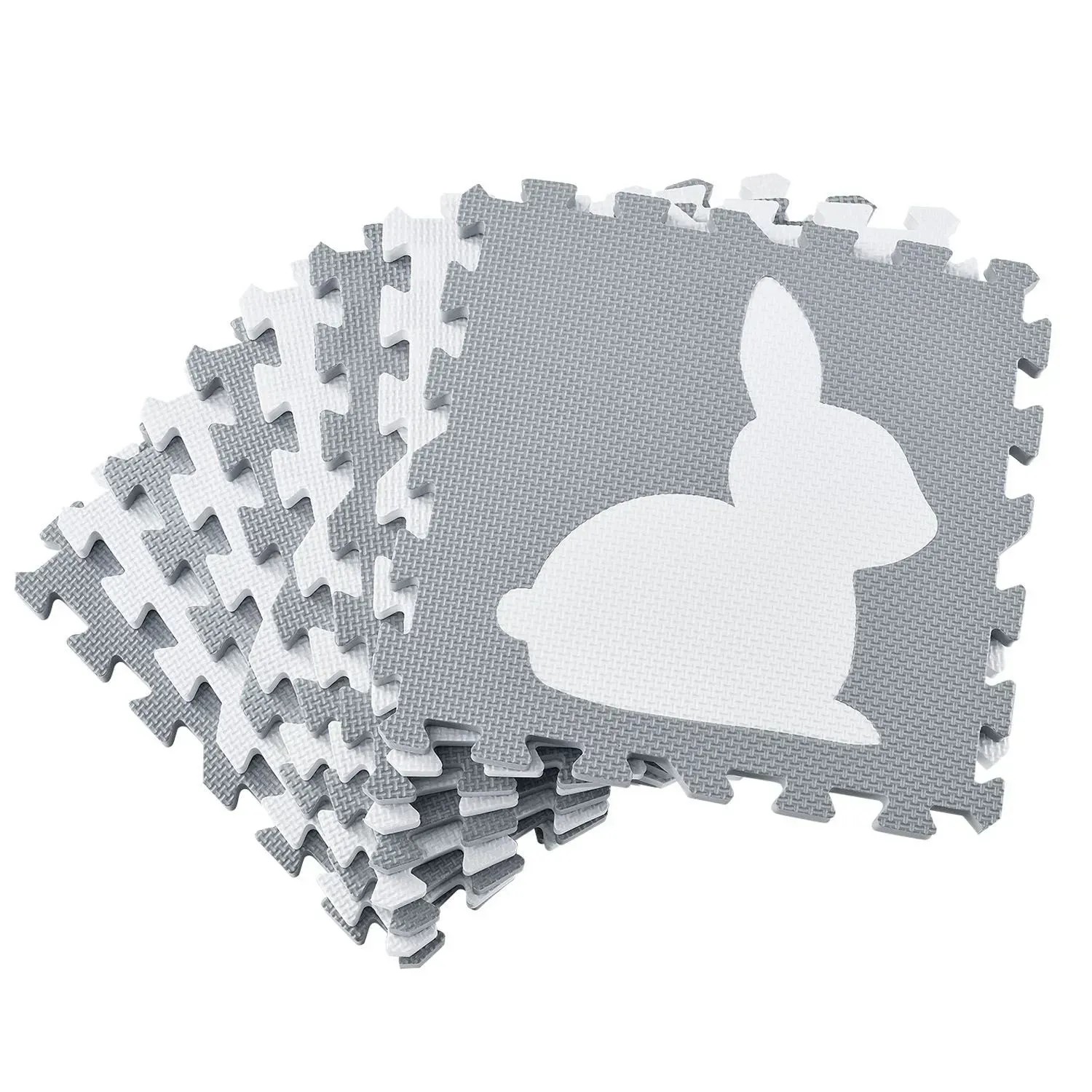Juskys Kinder Puzzlematte Timon, 36-teilig, grau-weiß mit Tiermotiven.