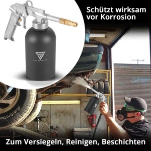STAHLWERK Druckbecherpistole 1100 ml für Korrosionsschutz. Mann sprüht unter Auto. Hohlraumpistole für Lack.