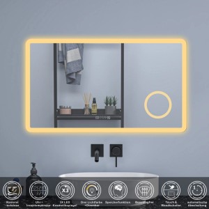 Aica Badspiegel 80x60 cm mit LED-Beleuchtung, Digitaluhr, Steckdose, 3x Schminkspiegel, dimmbar, Touch, beschlagfrei.
