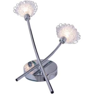 Chromfarbene Näve Wandlampe Flower mit zwei Blüten aus klarem Glas. Moderne Wandleuchte für Innenräume.