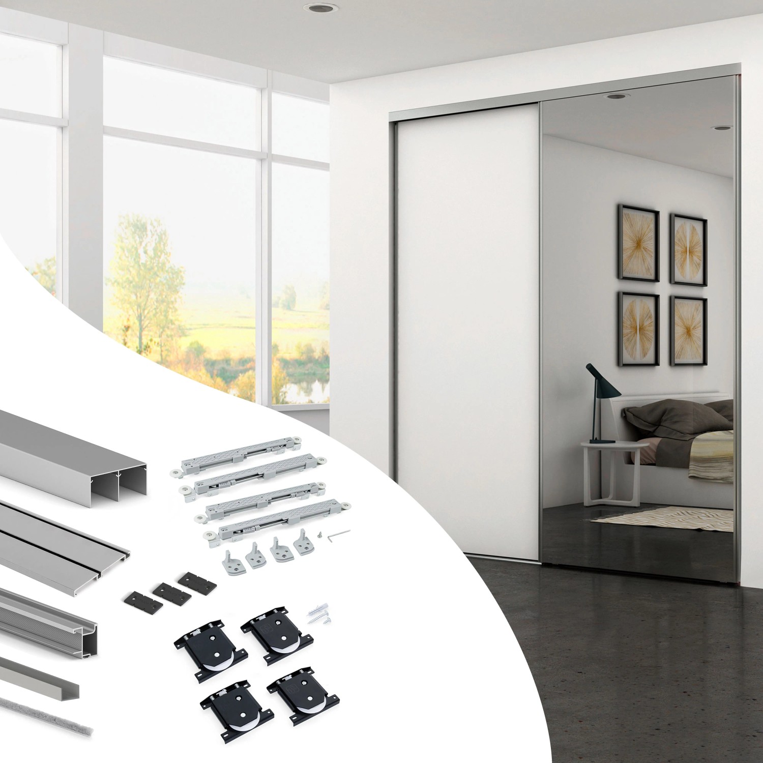 Emuca BeschlagSet für Placard 74 2-Schiebetüren-Kleiderschrank mit Soft-Close Griffmodell Sharp für 16 mm Stärke ohne Paneele Matt Eloxiert