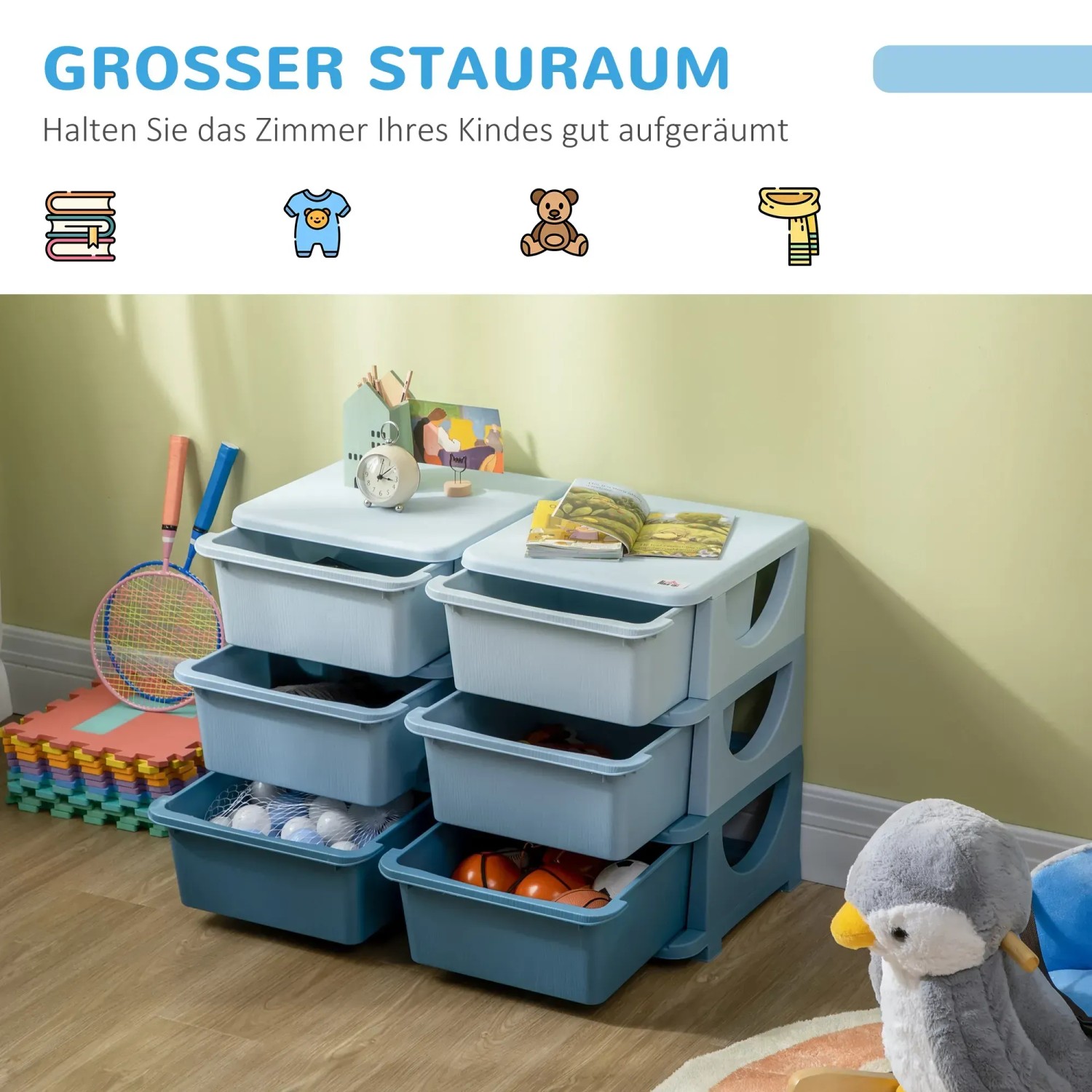 HOMCOM Schubladenschrank für Kinder, blau, mit 3 Schubladen zur Aufbewahrung von Spielzeug.