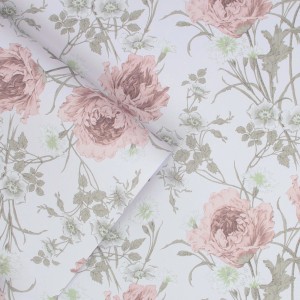 Laura Ashley Vliestapete Aurelie mit Blumenmuster in Naturtönen und Rosa.