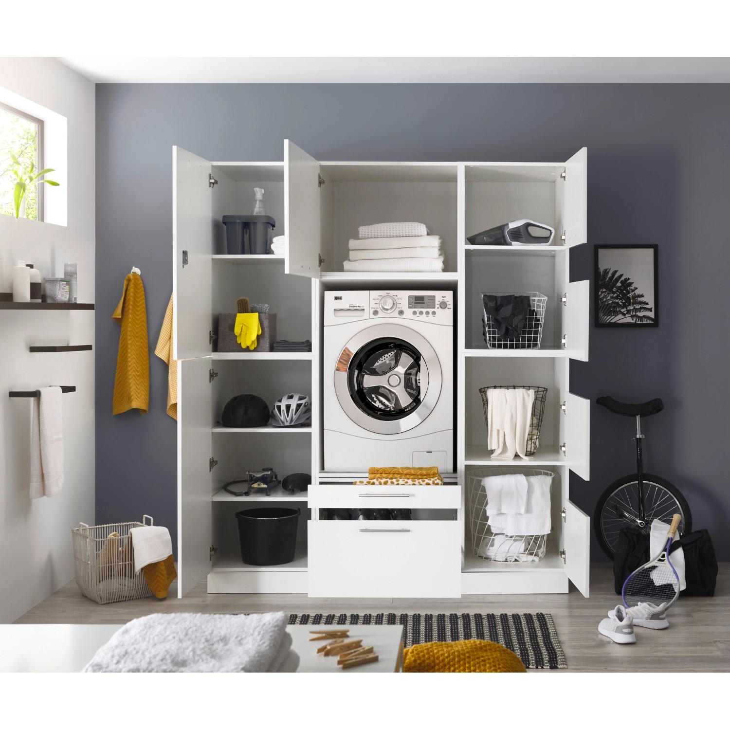 Respekta Hauswirtschaftsraum Set Clara, 200cm, Weiß Matt, mit Waschmaschine und Stauraum.