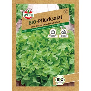 Samenpackung Sperli Bio Pflücksalat Grün, ideal für Gewächshaus und Hochbeet.