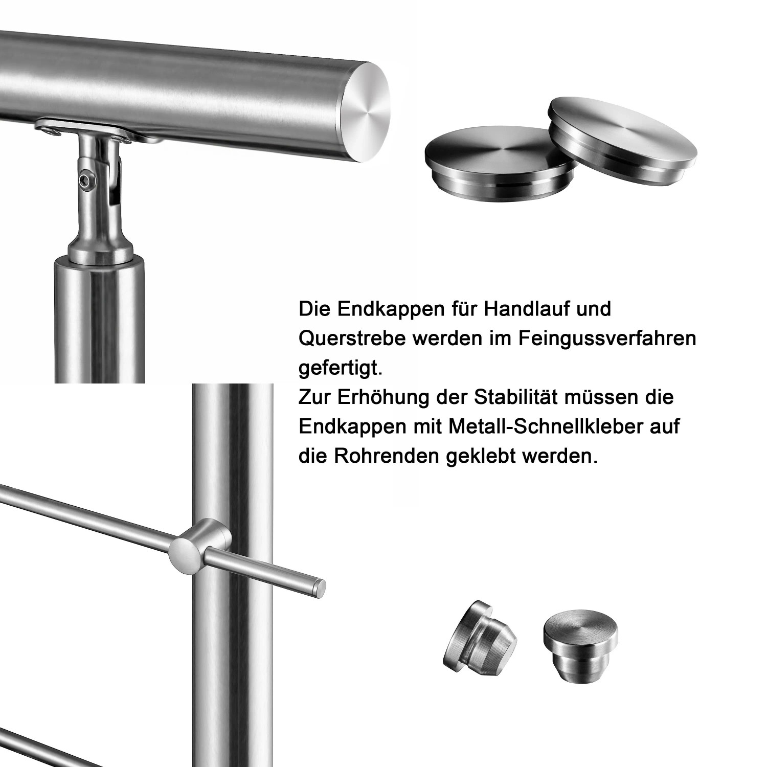 Edelstahl Geländer Detail: Handlauf, Pfosten, Querstäbe und Endkappen des 150 cm Komplettsets.