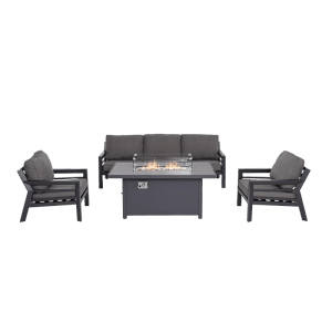 Bizzotto Loungegruppe Hendrix anthrazit mit Feuerstelle, Sofa und Sesseln für Garten & Terrasse.