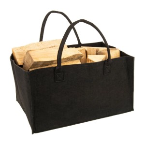 Schwarze, faltbare Valo Filztasche (50x34x27 cm) gefüllt mit Holz, Zubehör für Kamine & Öfen.