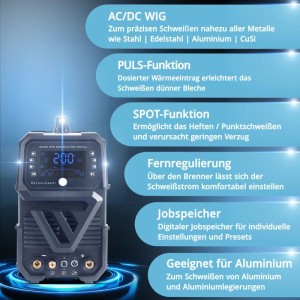 Graues STAHLWERK AC/DC WIG 200 Puls Pro Digital Schweißgerät mit Display, Puls-, Spot- und Jobspeicherfunktion.