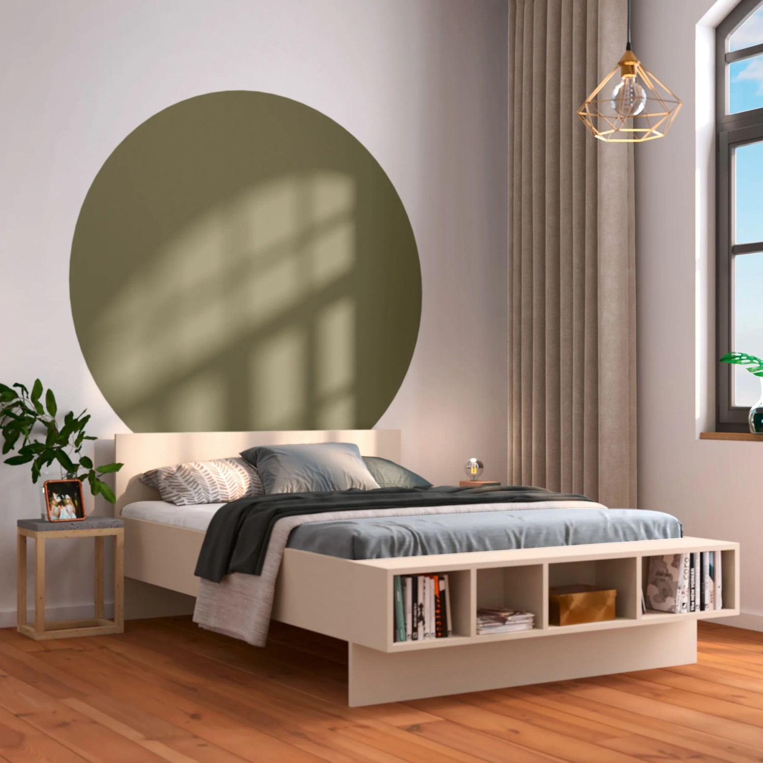 Schlafzimmer mit Wand in Olivgrün (Astrid) von CREATE! by OBI. Matte Wandfarbe, 2,5 l.