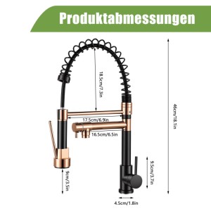Schwarz-goldene Küchenarmatur mit hohem Bogen, 360° drehbar, ausziehbarer Brause. Produktmaße.