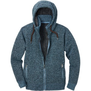 Marineblaue Scheibler Strickjacke Schärding mit Kapuze und Reißverschluss. Arbeitskleidung.