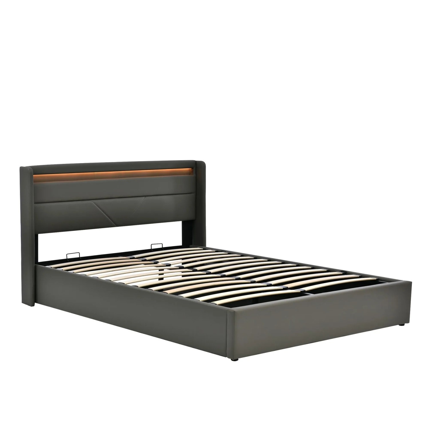 okwish Polsterbett 160x200cm mit LED Beleuchtungsleiste Schlafzimmer Grau ohne Matratze