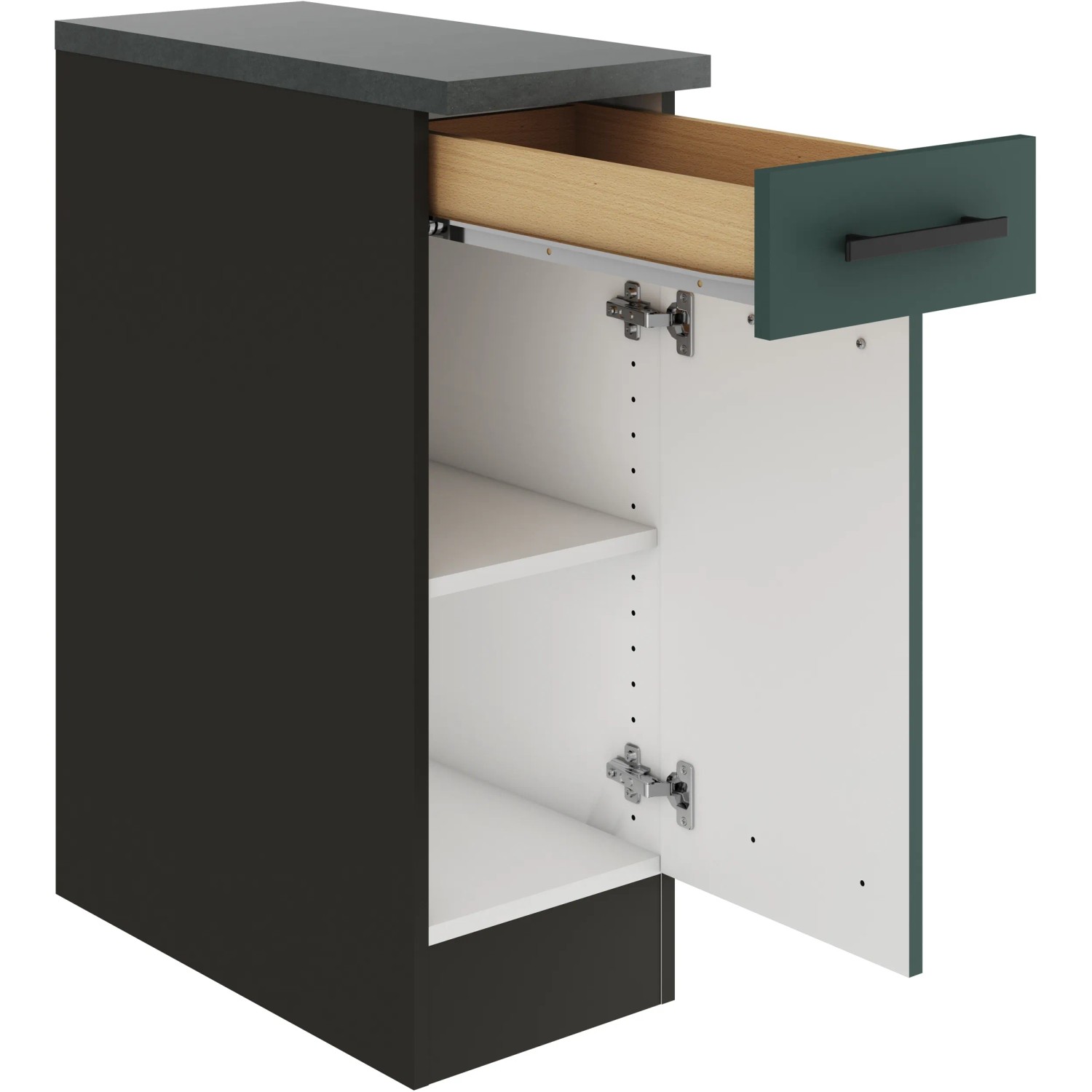 OPTIFIT Verona405 Unterschrank, 30 cm, Steingrün, mit Schublade und Tür geöffnet.