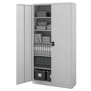 Grauer DELUKE Aktenschrank KADO mit geöffneter Tür, gefüllt mit Ordnern und Boxen.