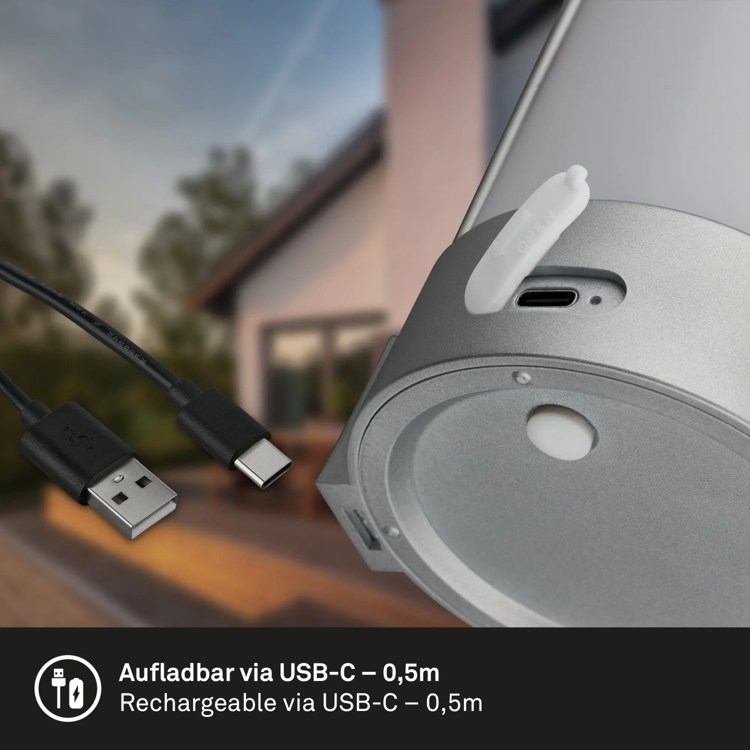 Brilo Akku-LED-Tischleuchte Chrom-Matt mit USB-C Ladeanschluss und Kabel.