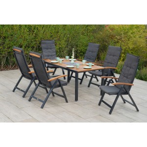 Merxx Gartenmöbel-Set Tilos, 13-teilig mit Tisch und 6 Klappsesseln mit grauen Auflagen.