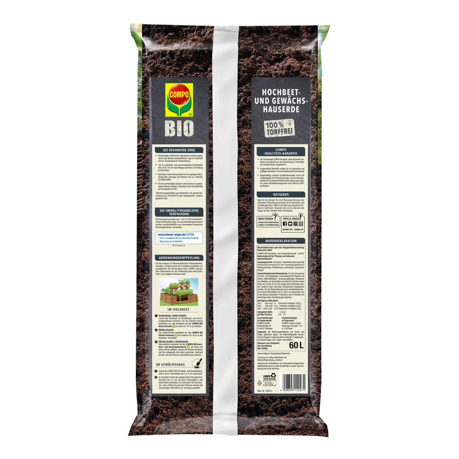 Sack Compo Bio Hochbeet- und Gewächshauserde, torffrei, 60 Liter. Pflanzerde für Gemüse und Kräuter.