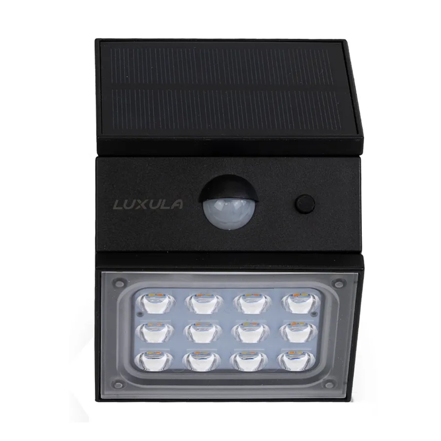 Schwarze LUXULA Solar Wandleuchte mit Bewegungsmelder und warm- bis kaltweißem Licht.