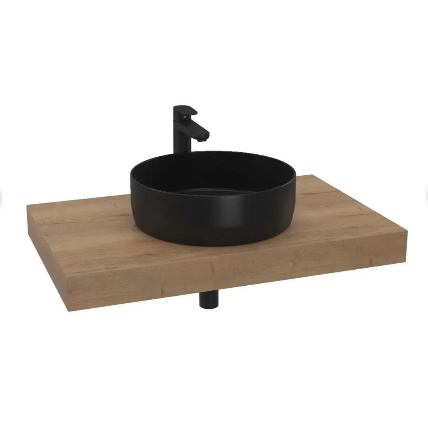Hansgrohe Badezimmer-Set Rundes Waschbecken Schwarz Armatur Halifax Eiche Platte